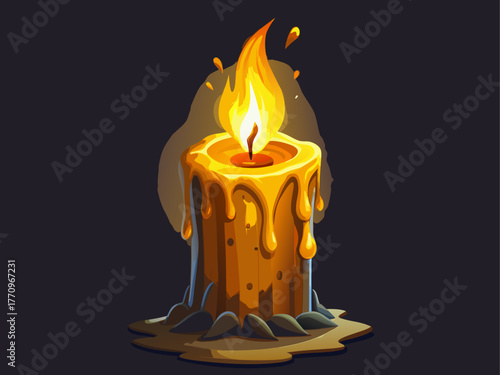 burning candle with melting wax and soft glow, detailed flame texture, isolated on dark background, spooky Halloween atmosphere vector