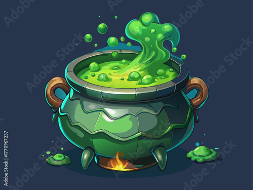 bubbling witch cauldron with green potion, vapor effect, metallic texture, isolated on plain background, realistic detailed vector