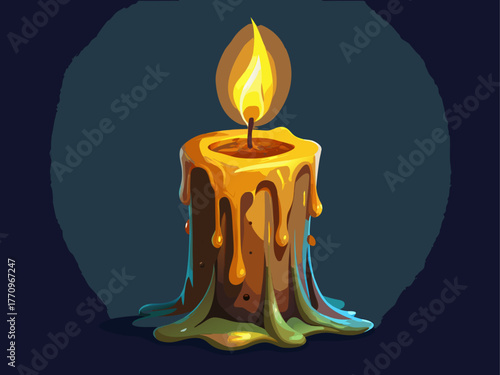 burning candle with melting wax and soft glow, detailed flame texture, isolated on dark background, spooky Halloween atmosphere vector