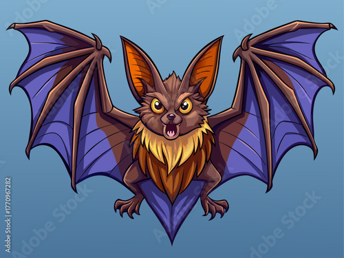 flying bat with spread wings, realistic fur texture and details, shadow underneath, isolated on plain background, Halloween night symbol vector