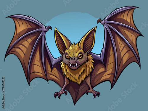 flying bat with spread wings, realistic fur texture and details, shadow underneath, isolated on plain background, Halloween night symbol vector