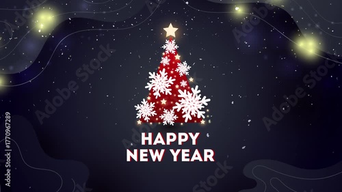 Elegant Happy New Year animation with glowing snowflake Christmas tree on dark blue background and festive lights. Perfect for holiday greetings, celebration videos, intros, and winter season