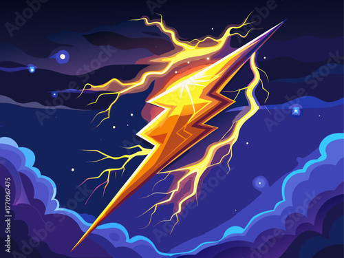 bright lightning bolt in dark night sky, electric glow effect, realistic detailed vector, isolated background