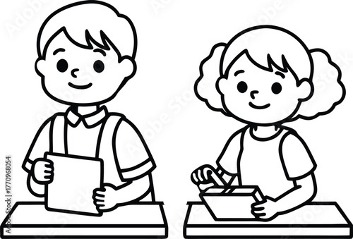 Two School Children Engaged in Classroom Activity, Minimal Black Line Vector, Clean Solid Outline, Educational Illustration
