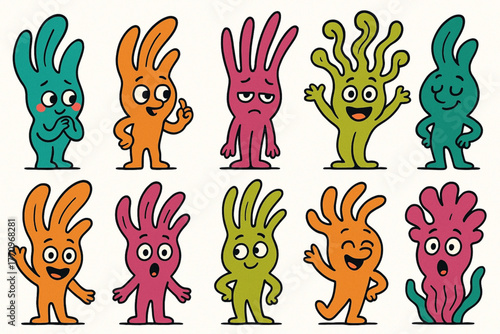 Colorful cartoon characters with expressive faces and abstract shapes on dark background