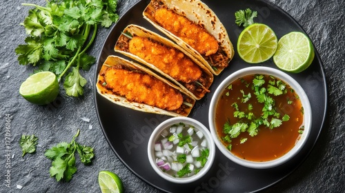 Birria tacos consomme served on black plate with rich broth, fresh cilantro, diced onions and lime wedges for authentic Mexican dining experience