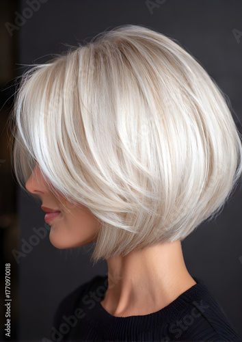 A professional portrait of a woman with a short layered bob haircut, sleek voluminous styling, bright platinum blonde hair color, salon lighting, and an eyebrow-tweezing.