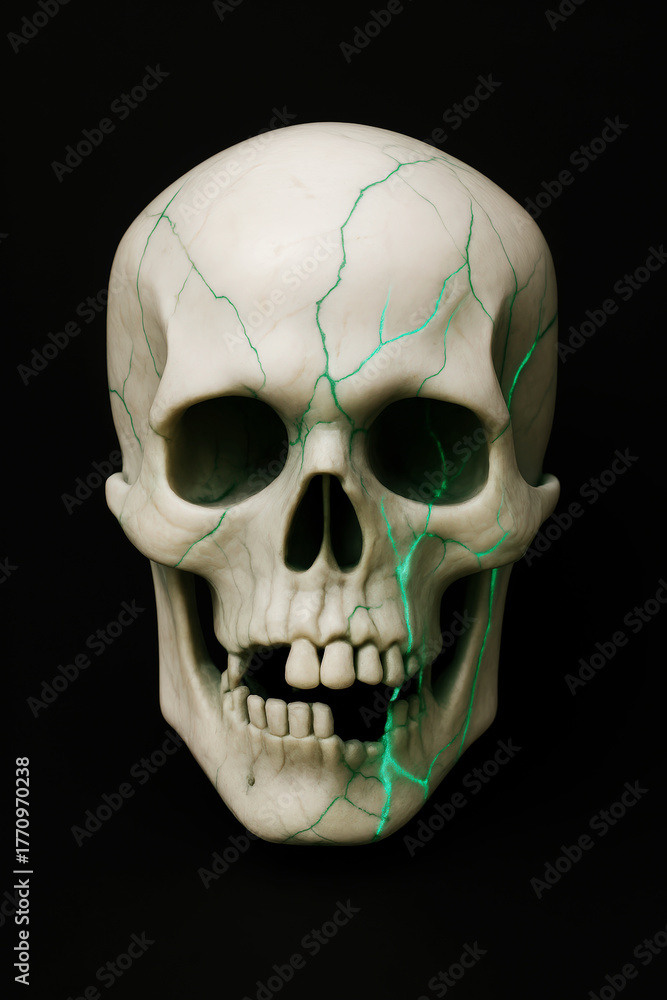 Fototapeta premium White skull with glowing green cracks