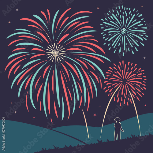 Person watching colorful fireworks display over rolling hills
