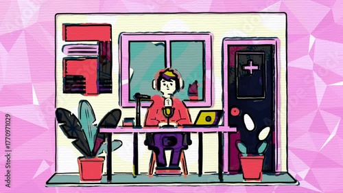 Digital artwork illustrating a podcast setup with a laptop and headphones