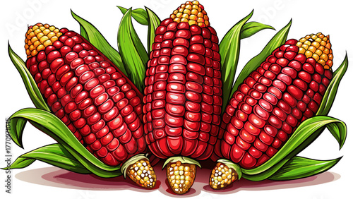 Very beautiful ripe red corn cobs isolated on a white background, vibrant and fresh, highlighting glossy kernels, natural texture, and colorful contrast, perfect for culinary or agricultural design.