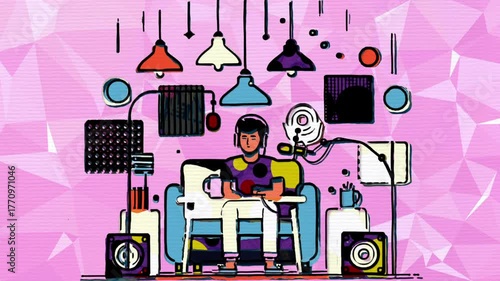 Digital artwork illustrating a podcast setup with a laptop and headphones