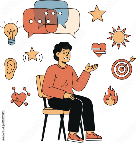 Expressive Character Illustration Surrounded by Symbolic Icons Representing Communication, Creativity, Emotional Intelligence, Passion, Health, and Personal Development Themes