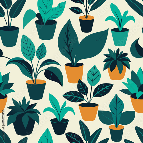 Seamless pattern of potted houseplants in teal and orange