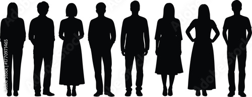 Diverse Human Silhouettes in Standing Poses Showcasing Gender, Fashion, and Posture Variations for Visual Identity and Representation Studies