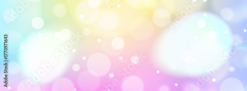 Cute cartoon background with large bokeh circles and sweet sparkling elements. Colorful gradient with magical creatures and copy space. Stock vector illustration in kawaii style.