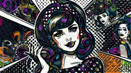 Hand Draw of Stylized Portrait of  Fashionable Woman in Retro Pop Art Style