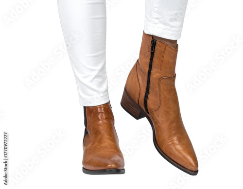  Legs in White Pants and Brown Leather Boots, Standing Front View, Isolated on Transparent Background