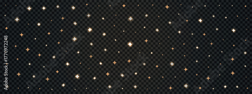 Golden stars with magic lights at sky space. Vector background with golden particles isolated on transparent backdrop