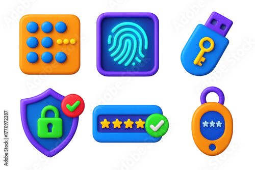Authentication Icon Set. 3D icon set of login and authentication visuals: keypad with passcode dots, fingerprint scanner glowing,