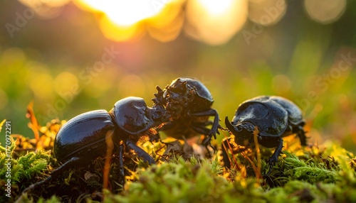 A Trio of Horned Beetles on Green Moss with Warm Sunset Bokeh Background
