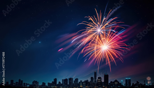 Vibrant fireworks display over city skyline at night