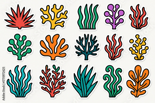 Bright coral and seaweed illustrations with black outlines in sticker style