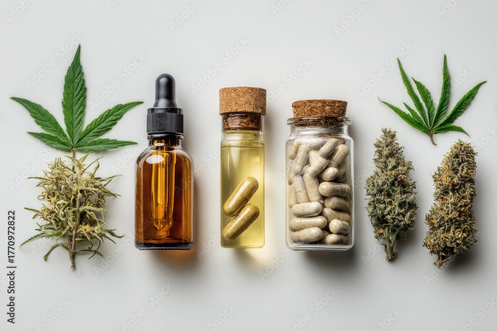 Fototapeta premium Medical cannabis products arranged in a flat lay, featuring oil, capsules, dried buds, and green leaves, showcasing the diverse applications of marijuana for health and wellness