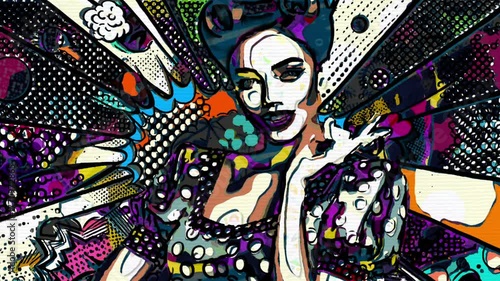 Hand Draw of Stylized Portrait of  Fashionable Woman in Retro Pop Art Style