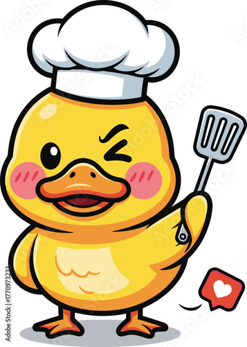 Cheerful Cartoon Duck Chef with Spatula and Social Media Heart Icon Celebrating Cooking, Popularity, and Playful Culinary Expression