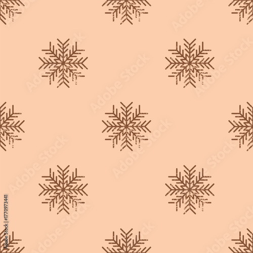 Seamless Christmas pattern. Grainy snowflake texture. Festive endless vintage print. New Years vector. For textile, wallpaper, wrapping design. Grunge brown snowflakes on peach background.