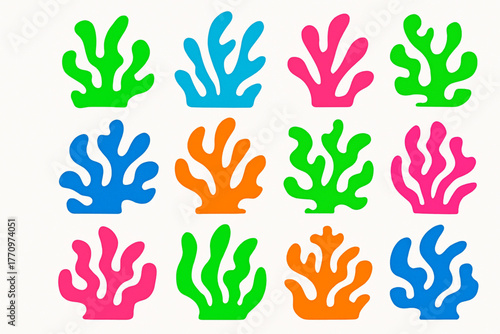 Colorful abstract sea plant illustrations with rounded branches on white background