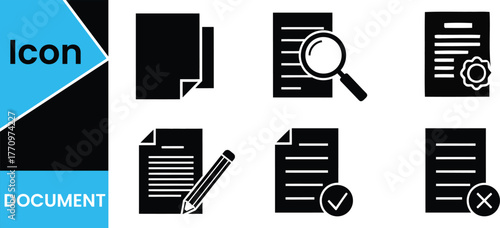 Collection of black document icons representing various actions and states of paperwork