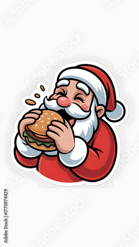 Funny Cartoon Sticker of Santa Claus Eating a Hamburger