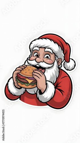 Funny Cartoon Sticker of Santa Claus Eating a Hamburger