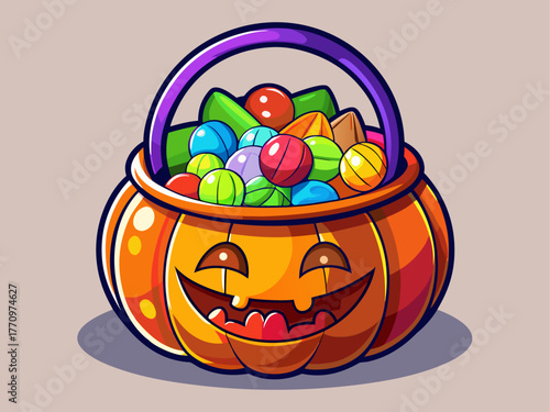 halloween candy bucket shaped like pumpkin, filled with colorful candies, realistic lighting and shadows, isolated on plain background