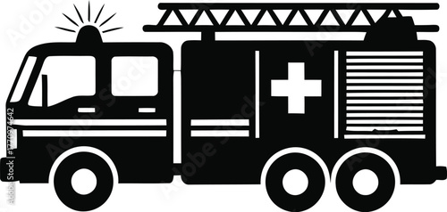 Black silhouette of a modern fire truck with medical cross symbol on the side