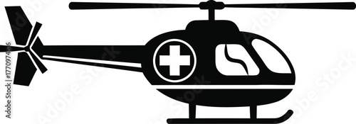 Black silhouette of a medical helicopter with a white cross on its side against a white background