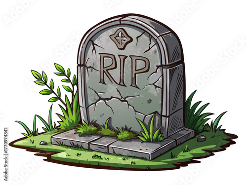 old tombstone with engraved RIP text, moss and cracks, shadow, realistic detailed vector, isolated on plain background