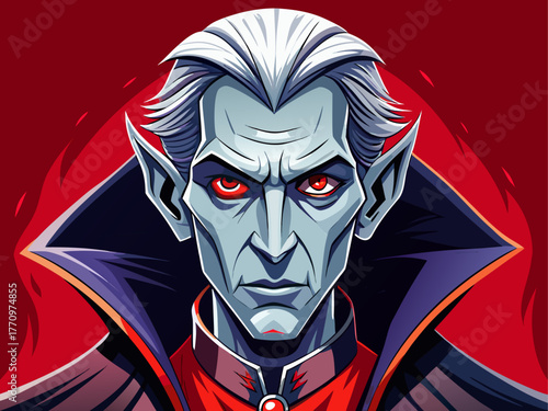 realistic vampire dracula portrait with pale skin, red eyes, and dark cloak, isolated on background, detailed vector illustration
