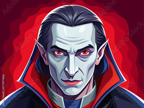 realistic vampire dracula portrait with pale skin, red eyes, and dark cloak, isolated on background, detailed vector illustration