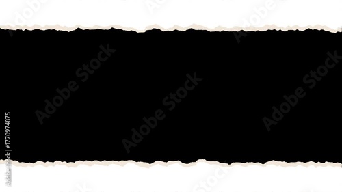 White torn paper edge transition animation with rolling effect open and close moving horizontal make frame on black background and green screen. 4K ripped paper animated for frame and transitions.