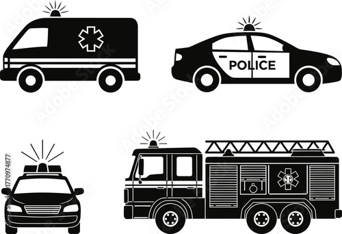 Collection of emergency service vehicles including ambulance police car and fire truck in black and white silhouette