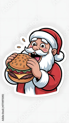 Funny Cartoon Sticker of Santa Claus Eating a Hamburger