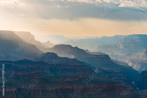 Hazy sunset over Grand Canyon ridges