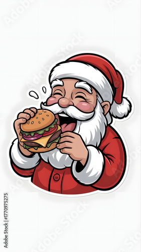 Funny Cartoon Sticker of Santa Claus Eating a Hamburger
