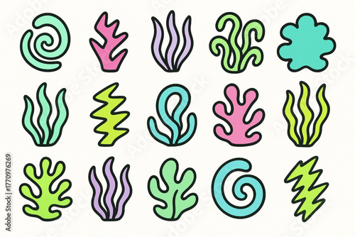 Colorful abstract organic shapes with black outlines in decorative grid