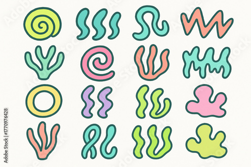 Colorful abstract organic shapes with black outlines in decorative grid