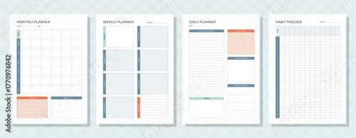 Monthly, weekly, daily  planners. Set of timetables for month, week, day and habit tracker. Schedule template.  Empty notebook page. Homework organizer. Scheduler layouts. Vector illustration.