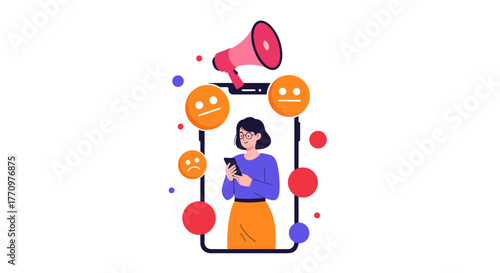 Woman receiving feedback on phone with megaphone and emoji alerts, modern communication concept